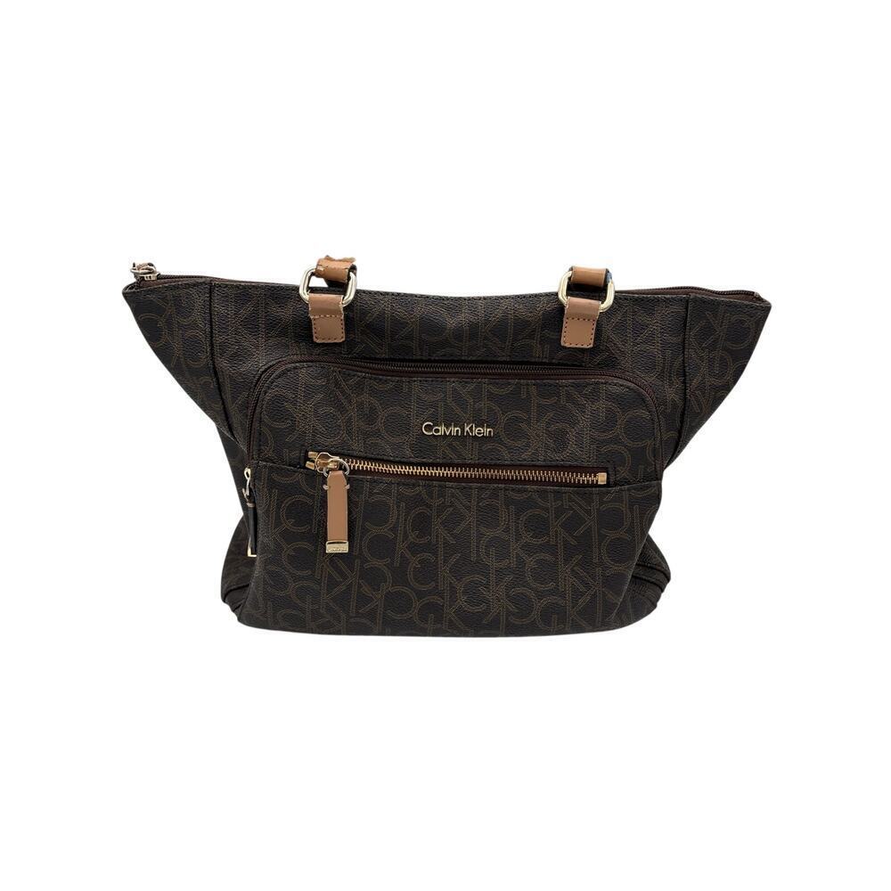 Women’s Calvin Klein Brown Leather Logo Patterned Hangbag